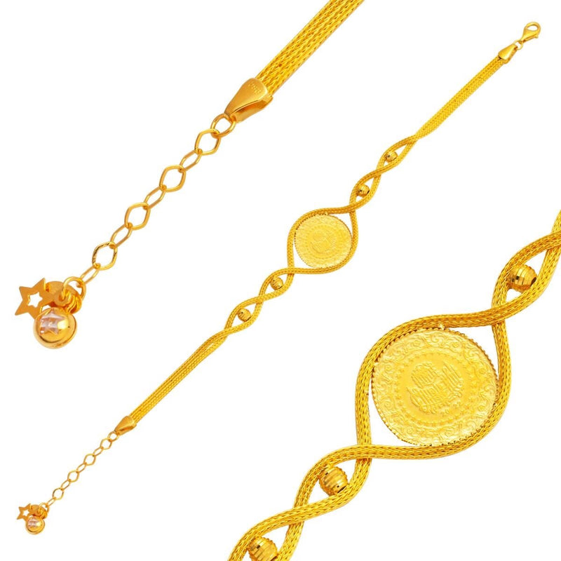 14K Yellow Gold Bead Braided Chain Quarter Coin Bracelet