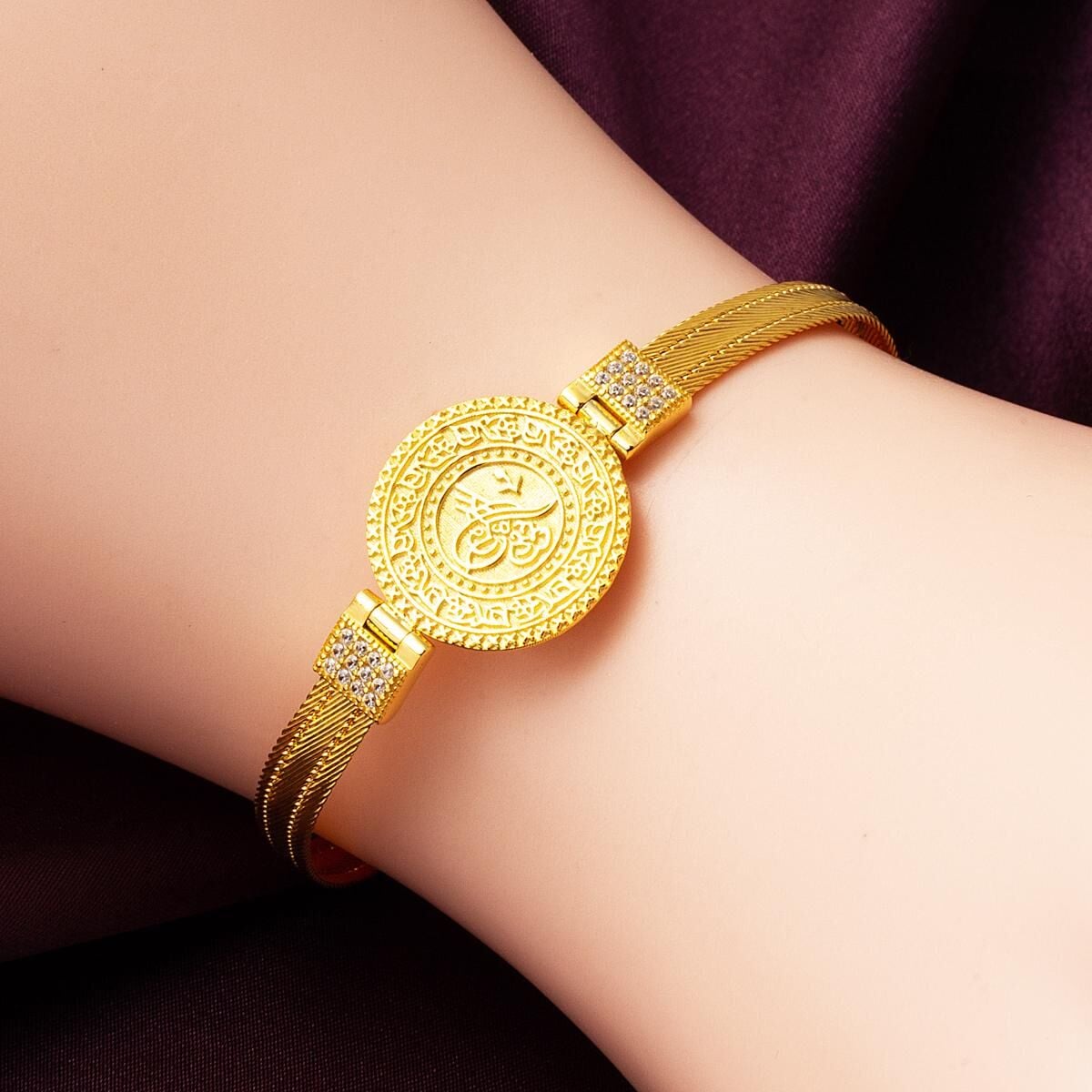 14K Yellow Gold Trabzon Mesh Ottoman Tughra Cubic Zirconia Bracelet