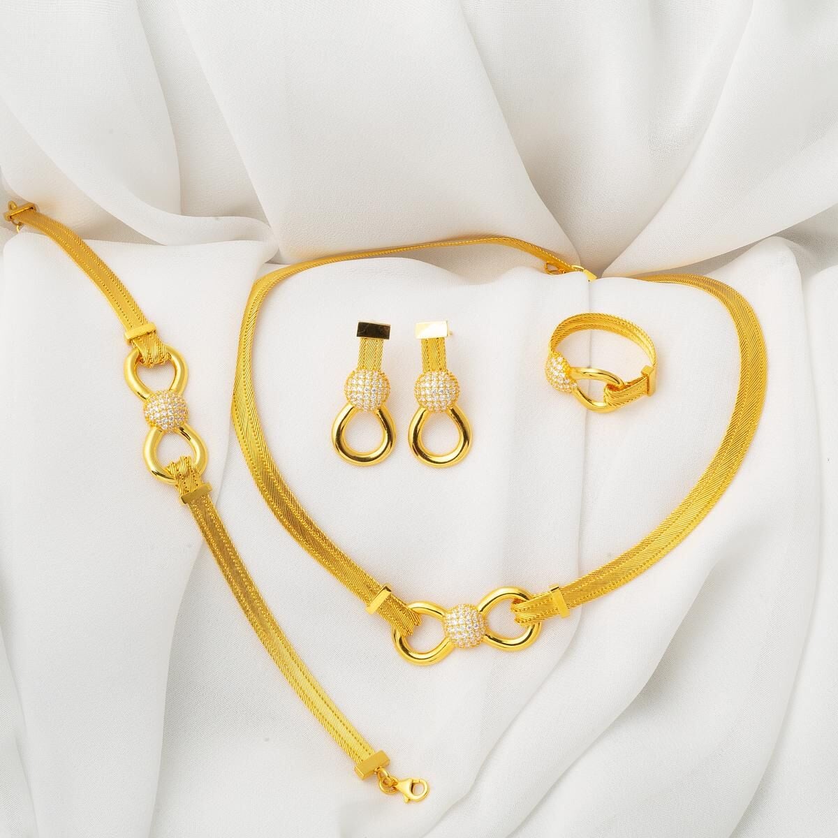 14K Yellow Gold Trabzon Mesh Cubic Zirconia Jewelry Set