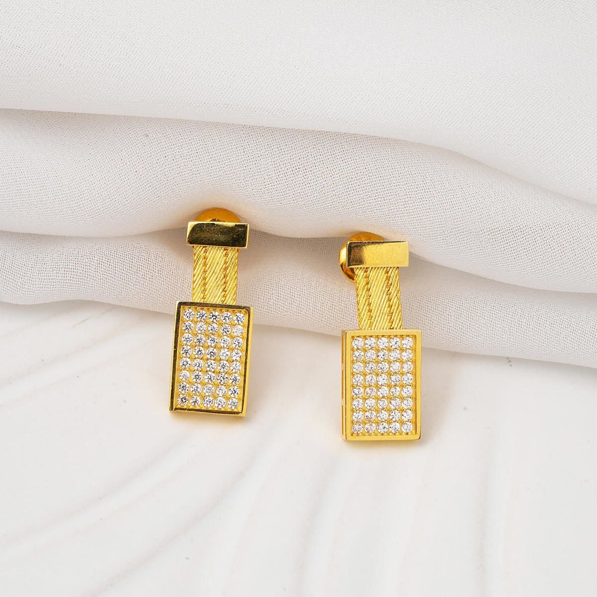 22K Yellow Gold Trabzon Mesh 3 Row Cubic Zirconia Earrings