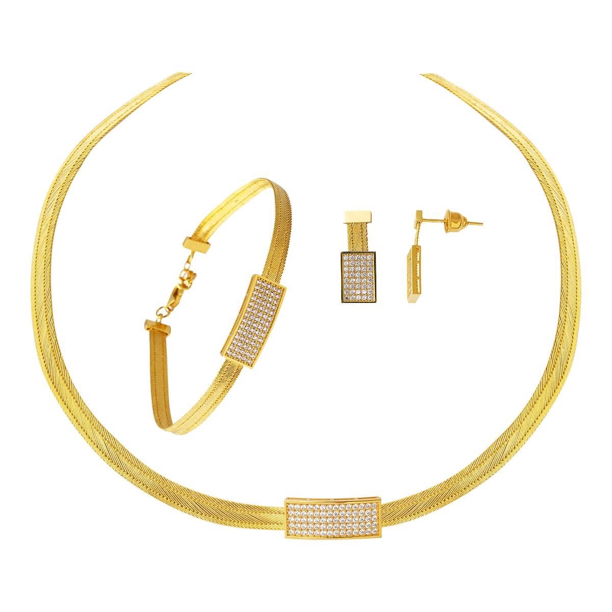 14K Yellow Gold Trabzon Mesh 3 Row Cubic Zirconia Jewelry Set