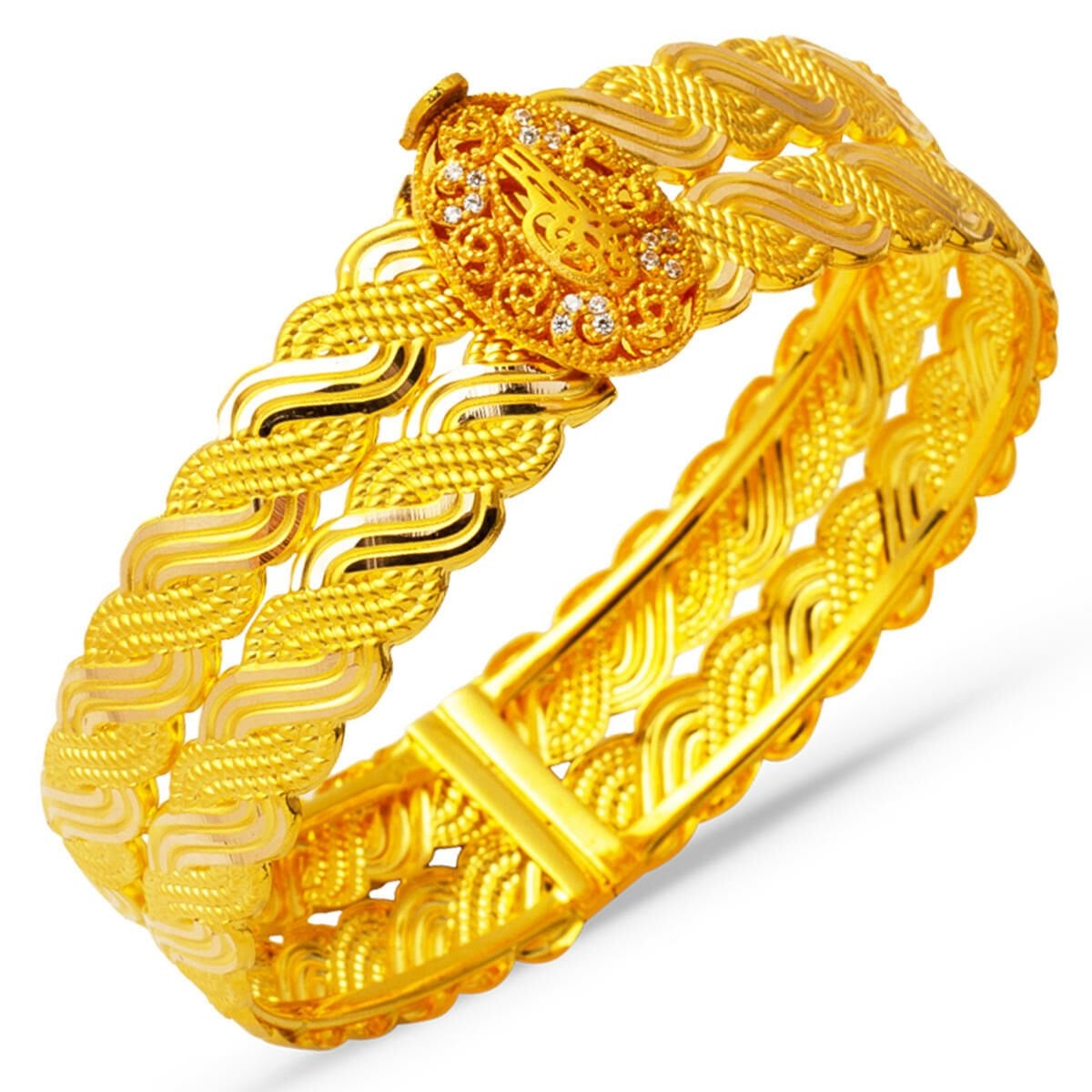 14K Yellow Gold Trabzon Braided Ottoman Tughra Lock Cubic Zirconia Bangle