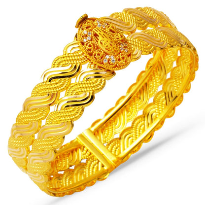 14K Yellow Gold Trabzon Braided Ottoman Tughra Lock Cubic Zirconia Bangle