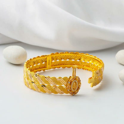 14K Yellow Gold Trabzon Braided Ottoman Tughra Lock Cubic Zirconia Bangle