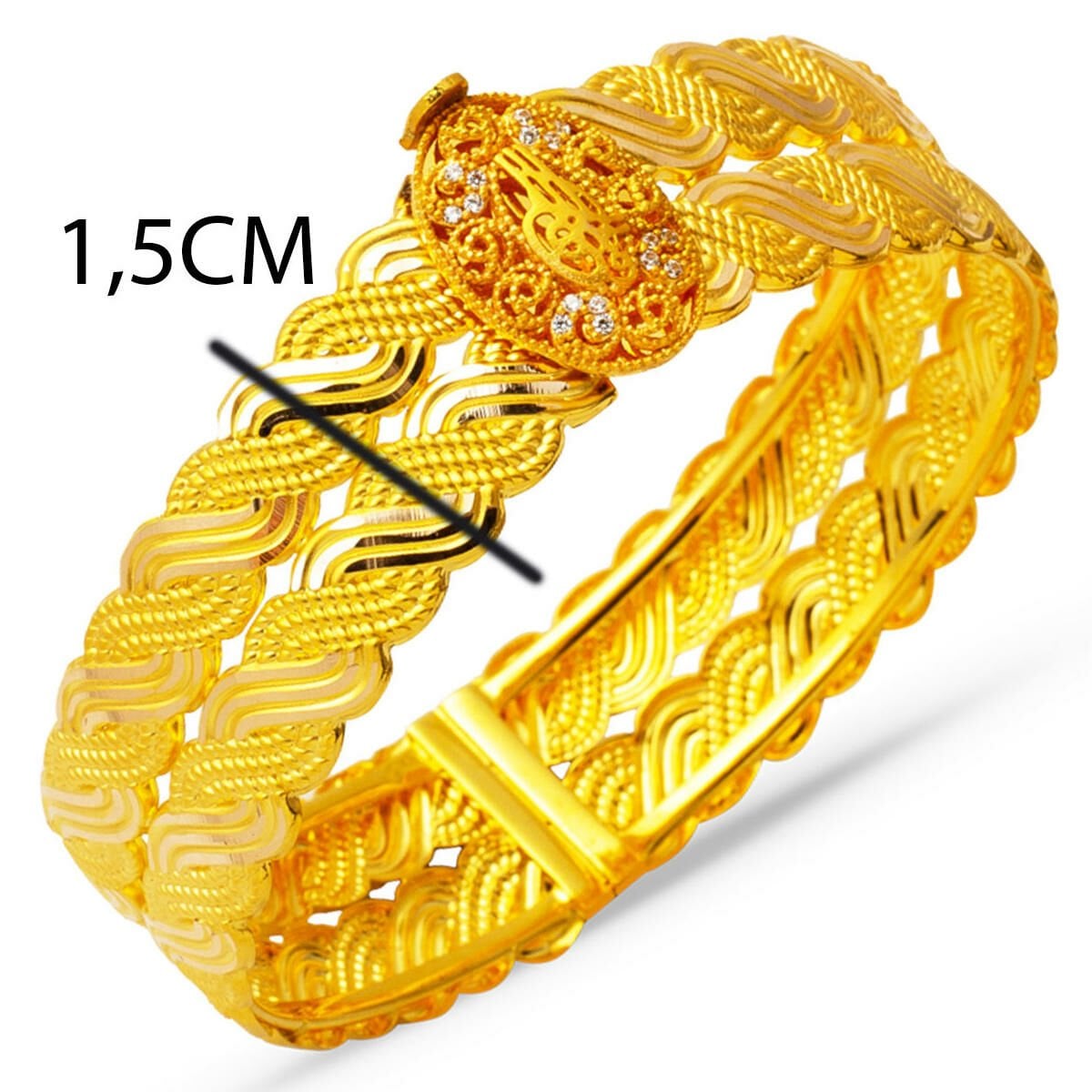 14K Yellow Gold Trabzon Braided Ottoman Tughra Lock Cubic Zirconia Bangle