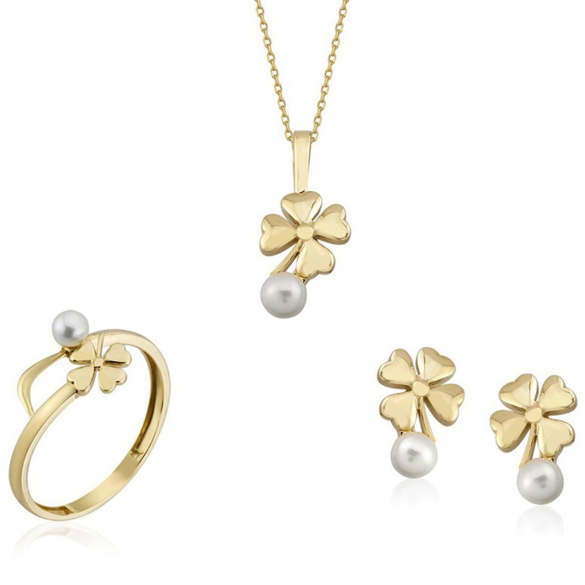 14K Yellow Gold Trebol Pearl Jewelry Set