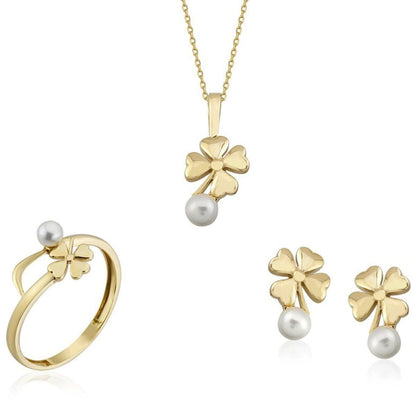 14K Yellow Gold Trebol Pearl Jewelry Set