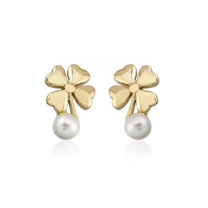 14K Yellow Gold Trebol Pearl Earrings