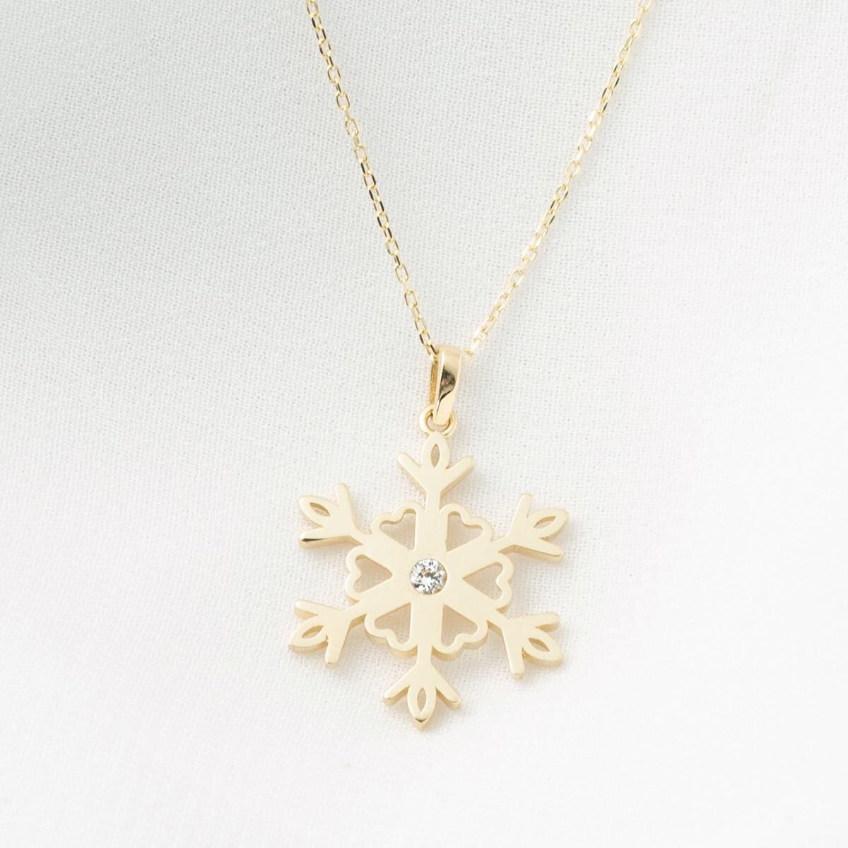 14K Yellow Gold Trendy Snowflake Cubic Zirconia Necklace