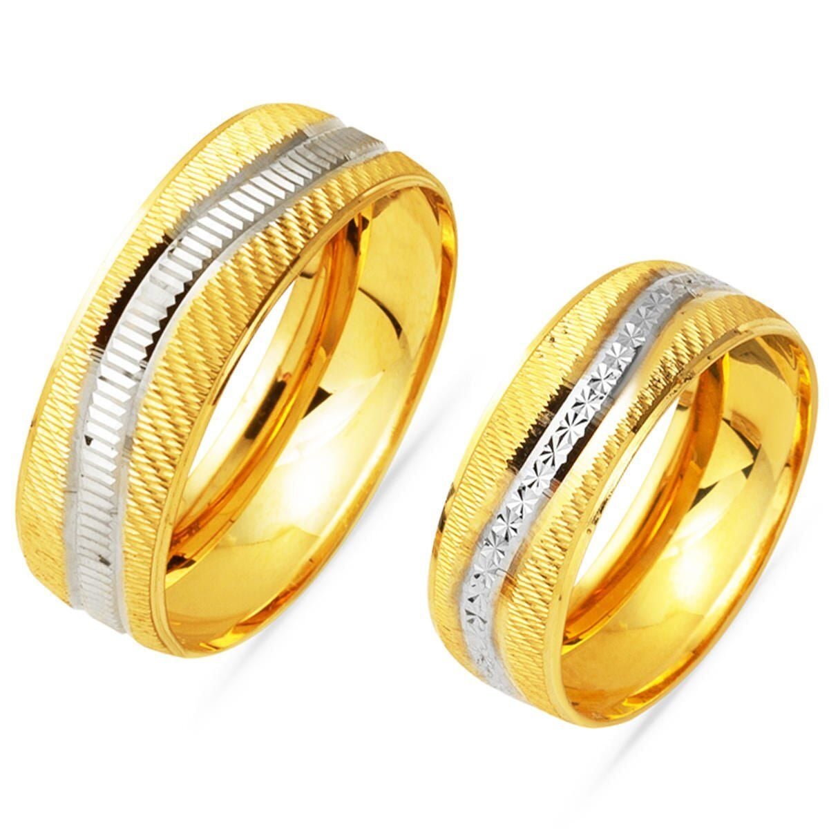 14K Yellow Gold Trendy Design Double Hand Engraved Wedding Band Set