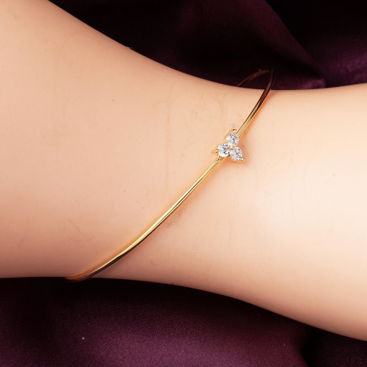 14K Yellow Gold Tria Thin Cubic Zirconia Hinged Cuff Bracelet