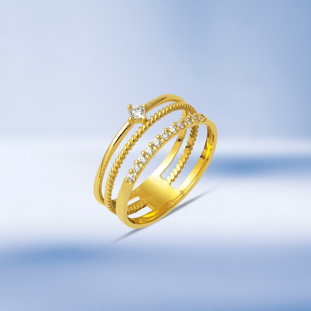 14K Yellow Gold Tria Belt Cubic Zirconia Ring