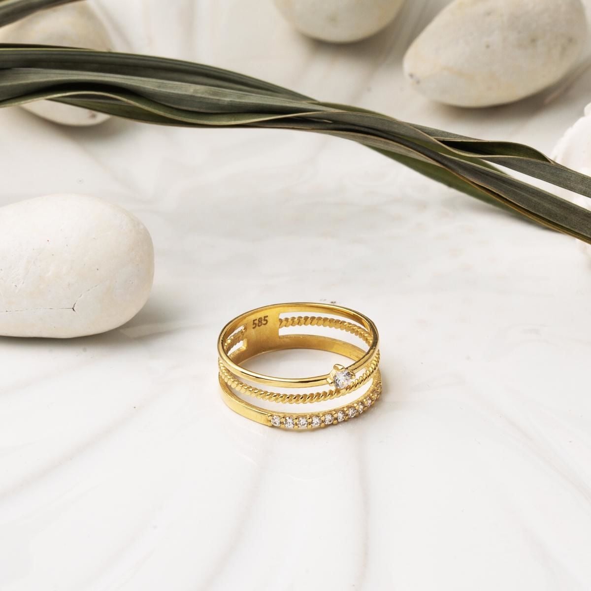14K Yellow Gold Tria Belt Cubic Zirconia Ring