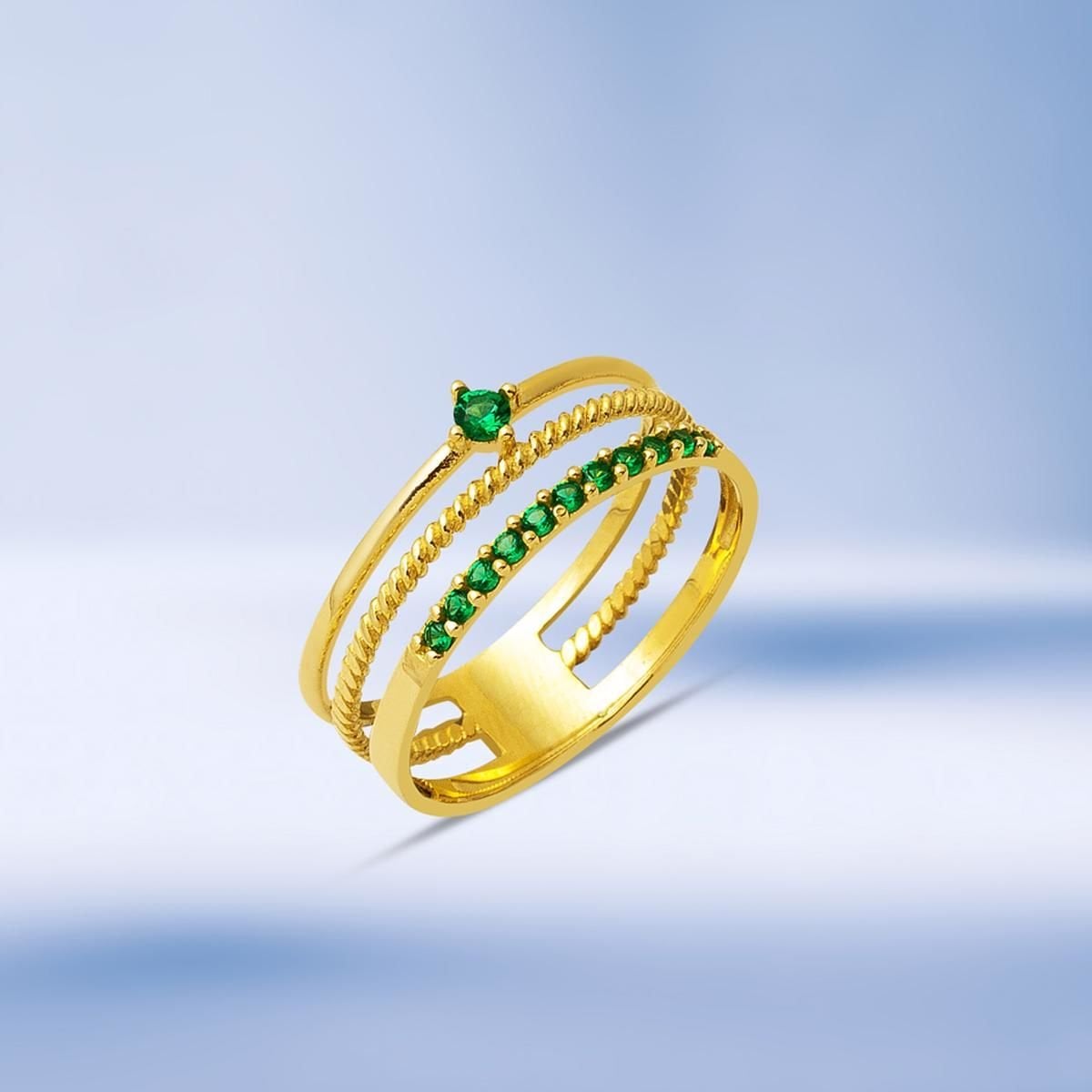 14K Yellow Gold Tria Green Belt Cubic Zirconia Ring