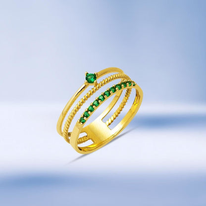 14K Yellow Gold Tria Green Belt Cubic Zirconia Ring