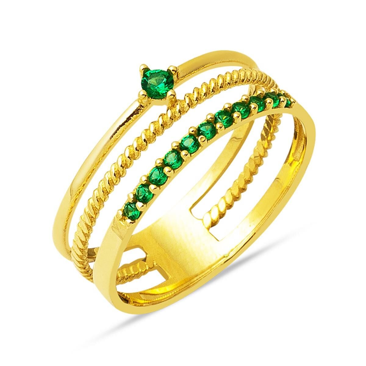 14K Yellow Gold Tria Green Belt Cubic Zirconia Ring