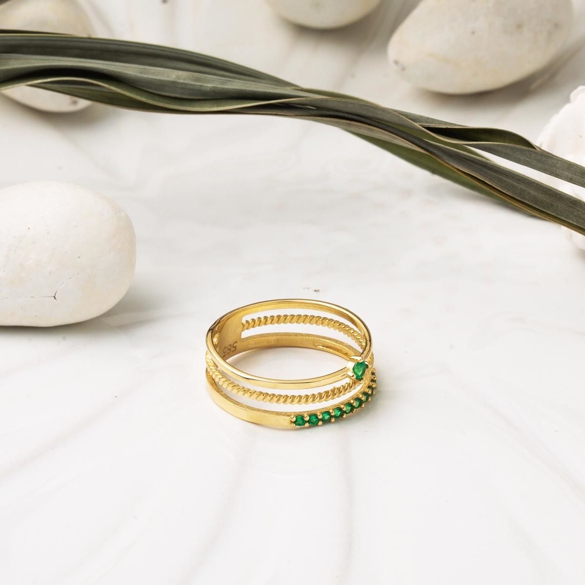 14K Yellow Gold Tria Green Belt Cubic Zirconia Ring