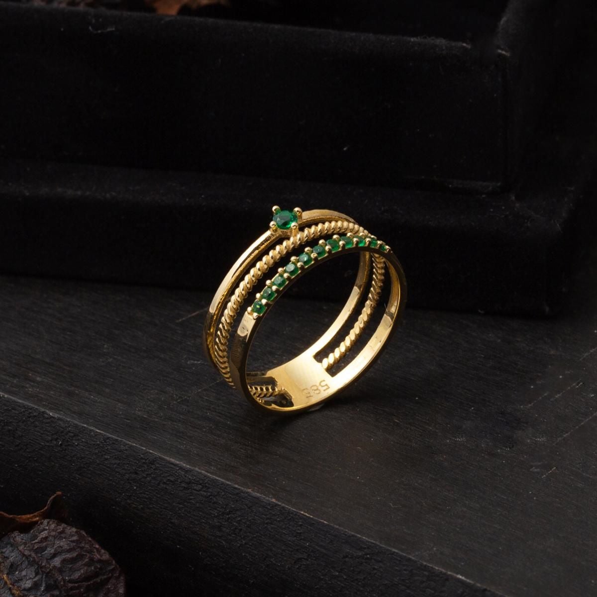 14K Yellow Gold Tria Green Belt Cubic Zirconia Ring