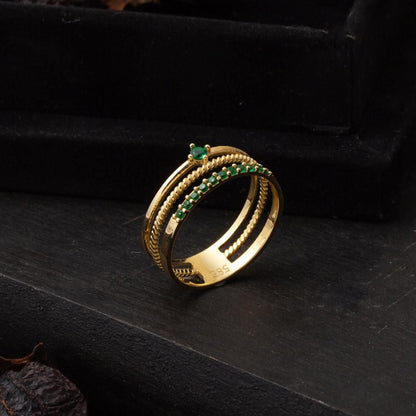 14K Yellow Gold Tria Green Belt Cubic Zirconia Ring