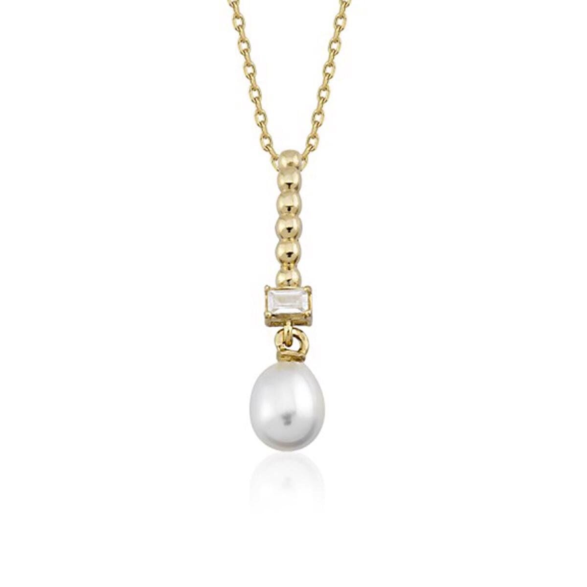 14K Yellow Gold Tropez Baguette Cubic Zirconia Pearl Necklace