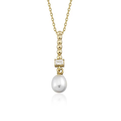 14K Yellow Gold Tropez Baguette Cubic Zirconia Pearl Necklace