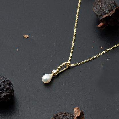 14K Yellow Gold Tropez Baguette Cubic Zirconia Pearl Necklace