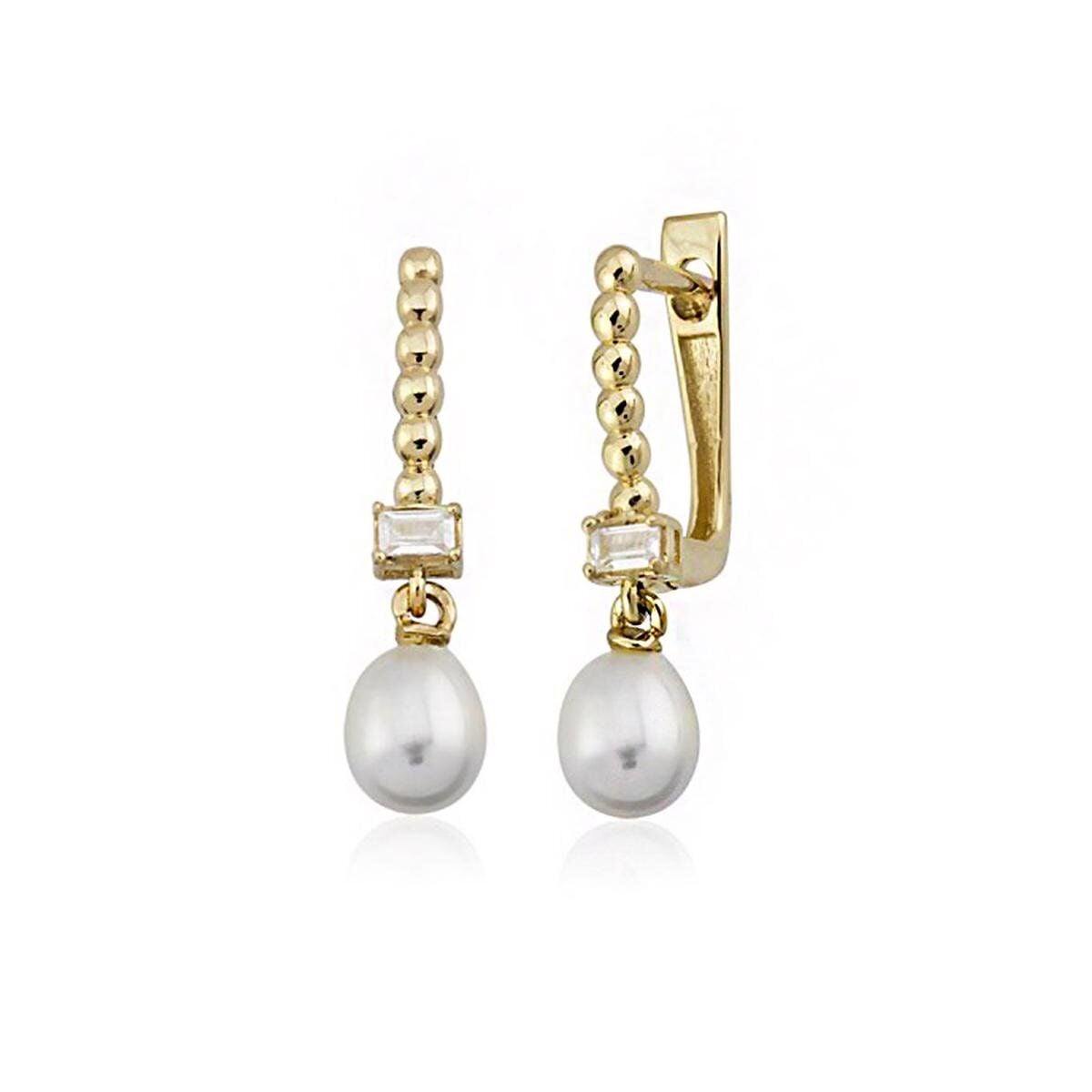 14K Yellow Gold Tropez Baguette Cubic Zirconia Pearl Earrings