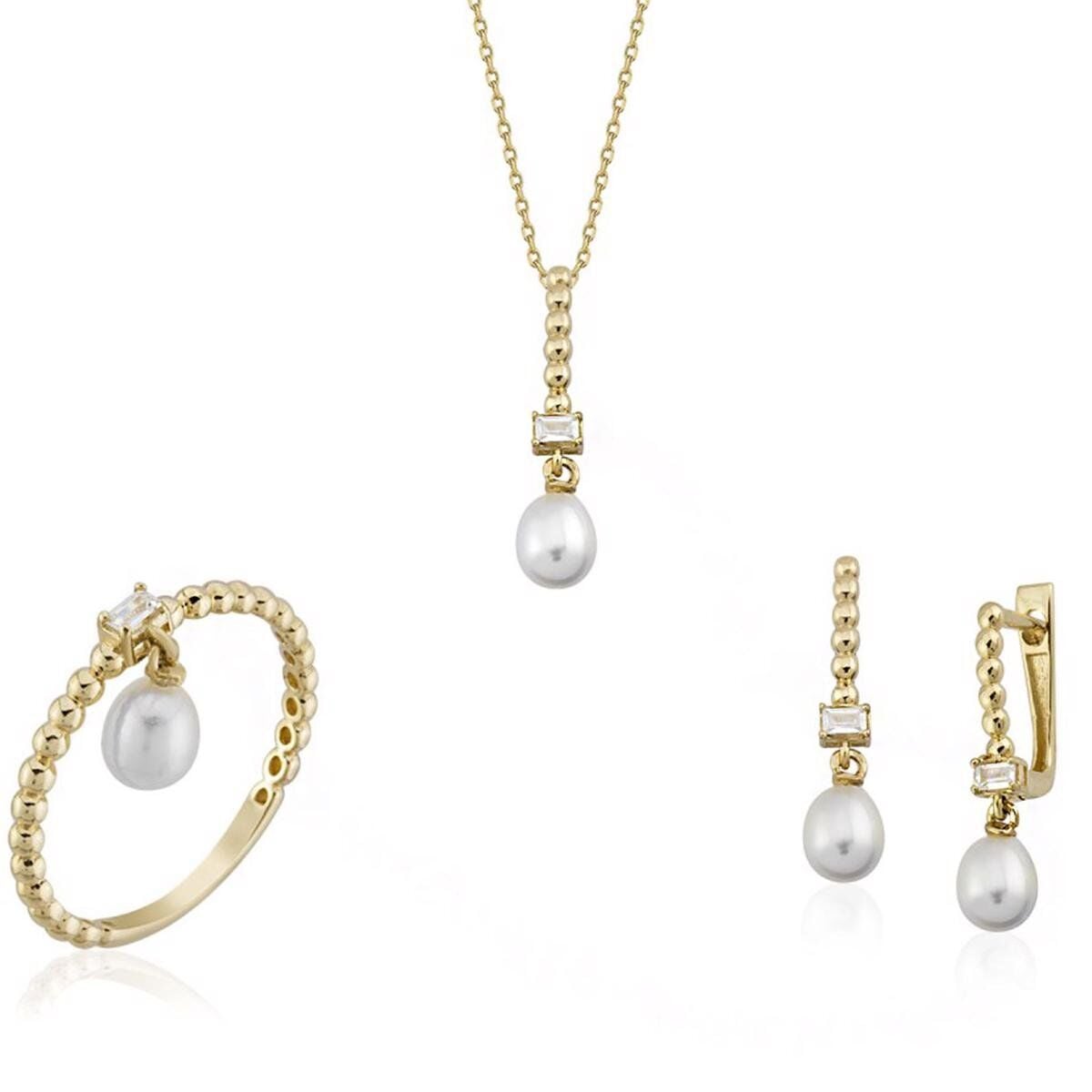 14K Yellow Gold Tropez Baguette Cubic Zirconia Pearl Set