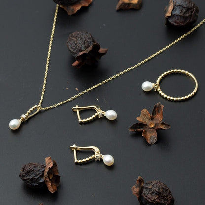 14K Yellow Gold Tropez Baguette Cubic Zirconia Pearl Set