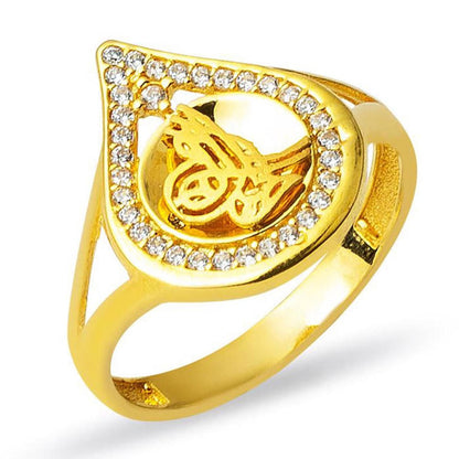 14K Yellow Gold Ottoman Tughra Cubic Zirconia Ring (2.44 g)