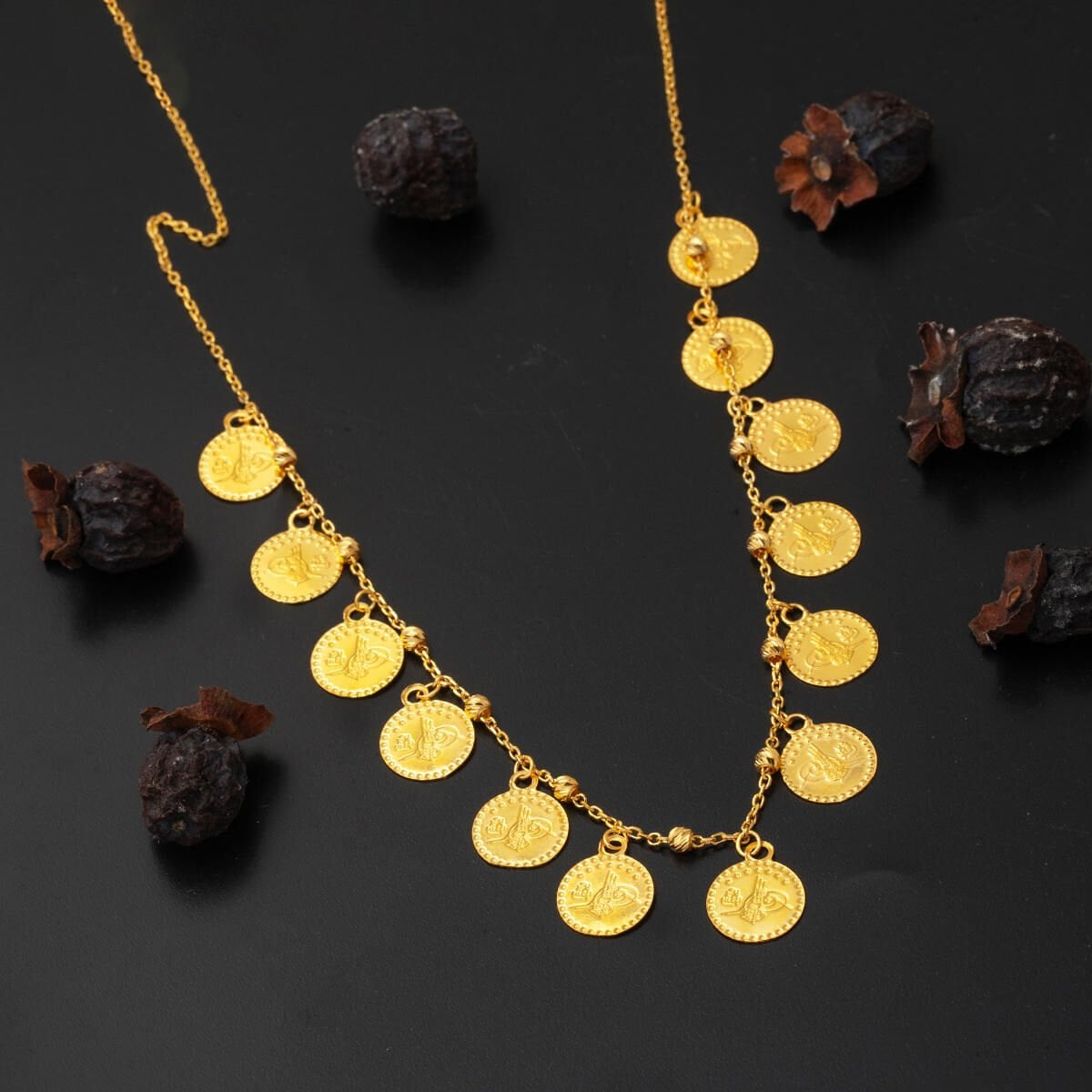 22K Yellow Gold Ottoman Tughra Stacked Chain Necklace