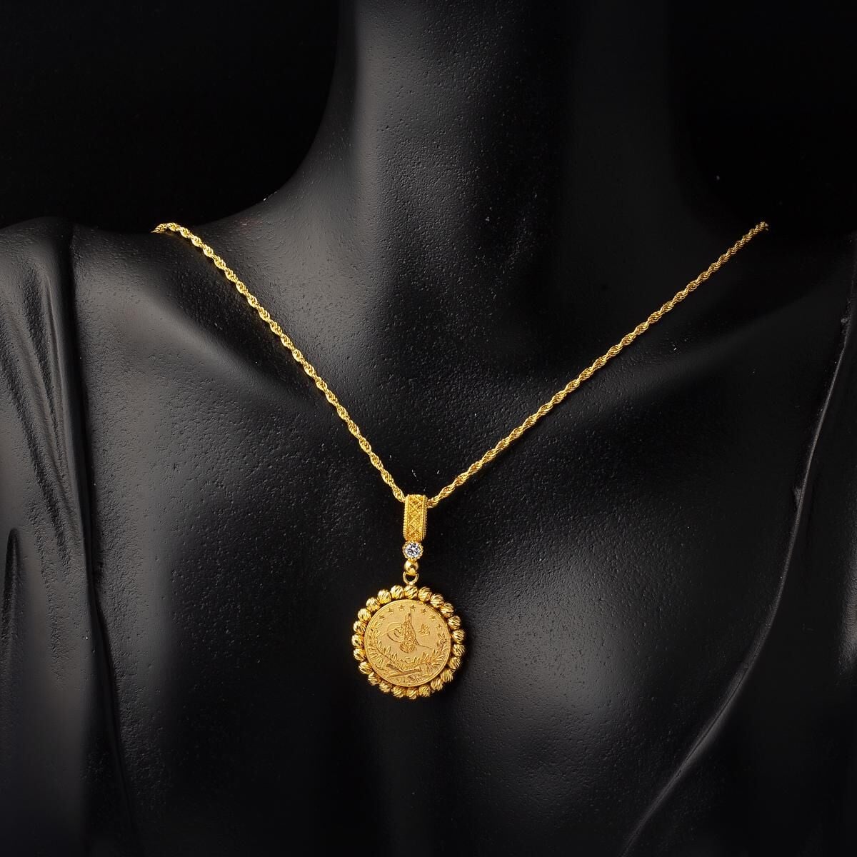 14K Yellow Gold Ottoman Tughra Cubic Zirconia Jewelry Set