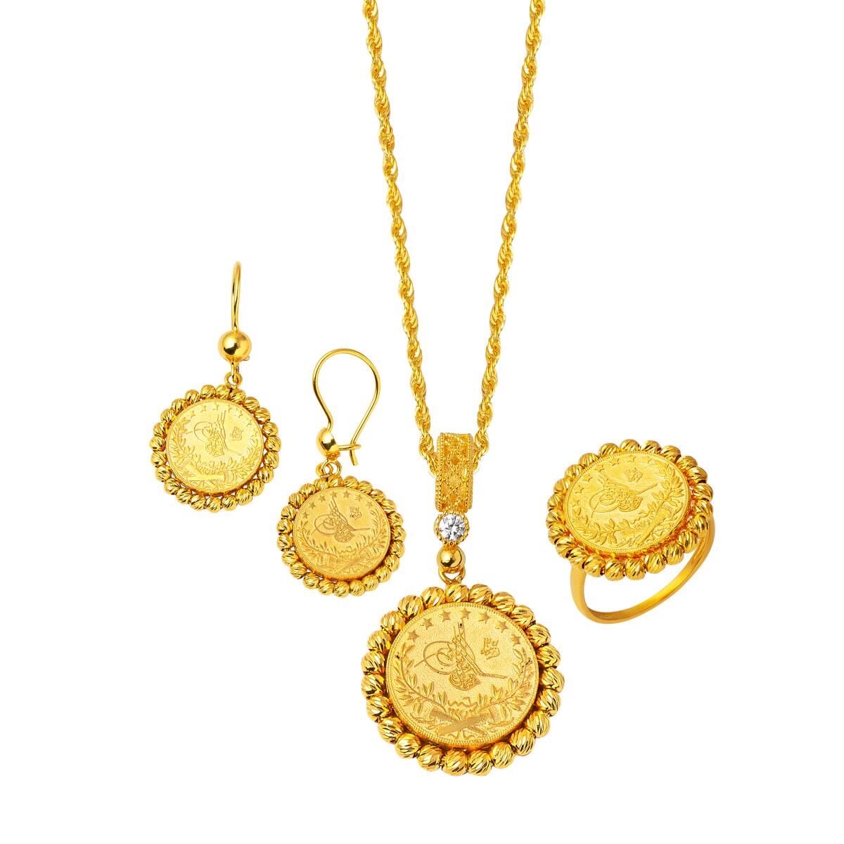 14K Yellow Gold Ottoman Tughra Cubic Zirconia Jewelry Set