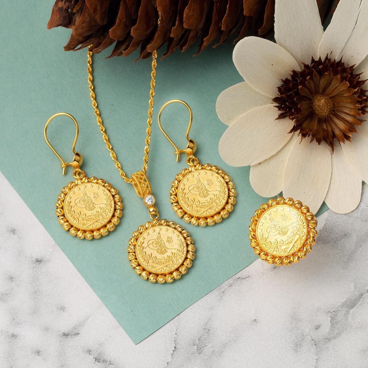14K Yellow Gold Ottoman Tughra Cubic Zirconia Jewelry Set