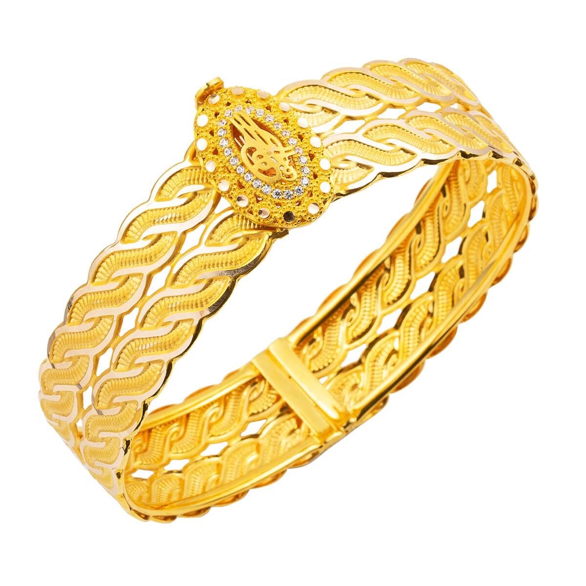 14K Yellow Gold Ottoman Tughra Hinged Cuff Cubic Zirconia Bangle