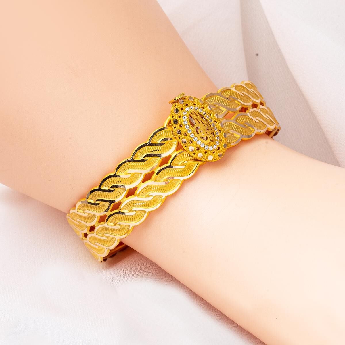 14K Yellow Gold Ottoman Tughra Hinged Cuff Cubic Zirconia Bangle