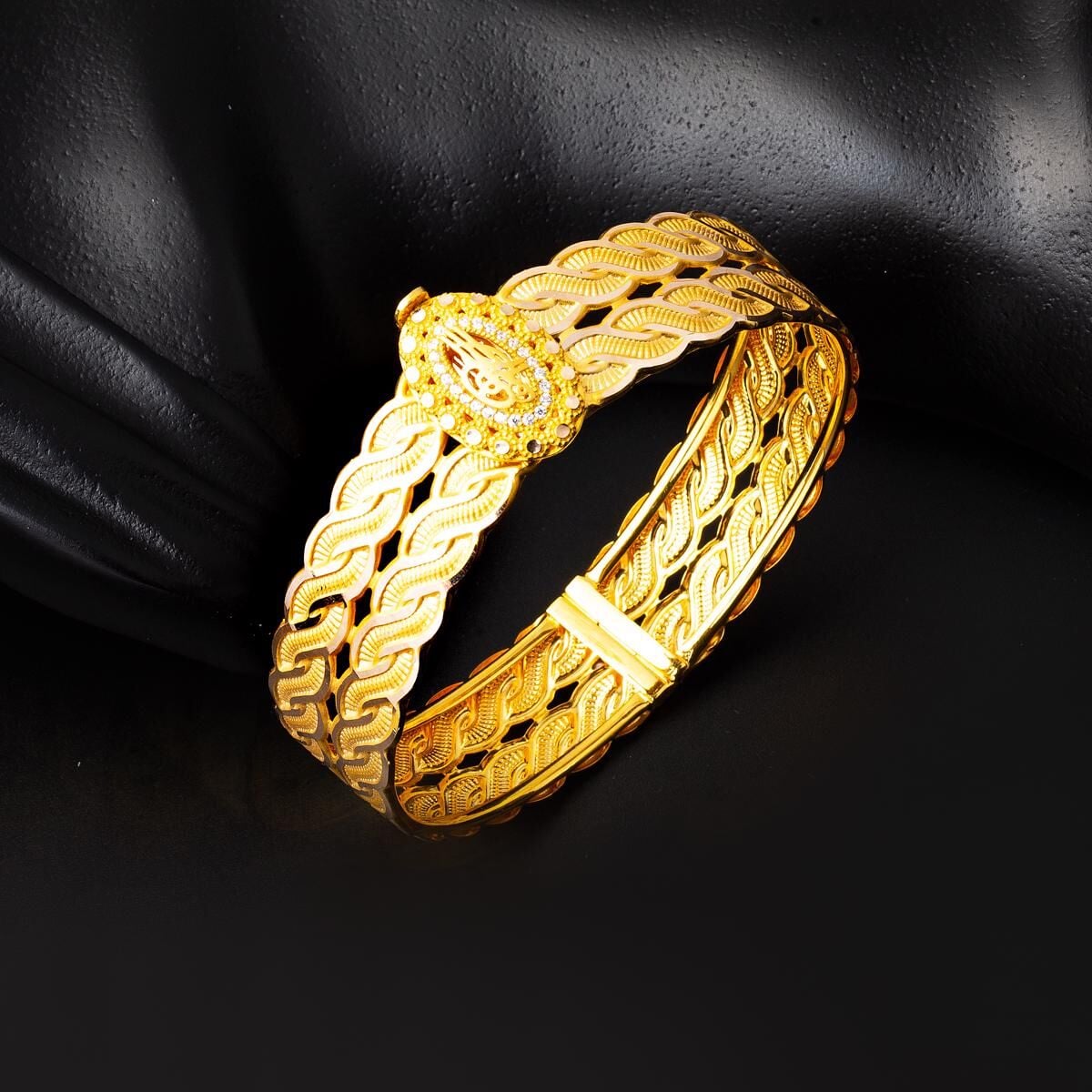 14K Yellow Gold Ottoman Tughra Hinged Cuff Cubic Zirconia Bangle