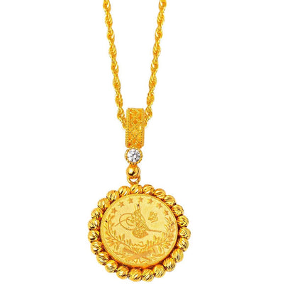 14K Yellow Gold Ottoman Tughra Bead Cubic Zirconia Necklace