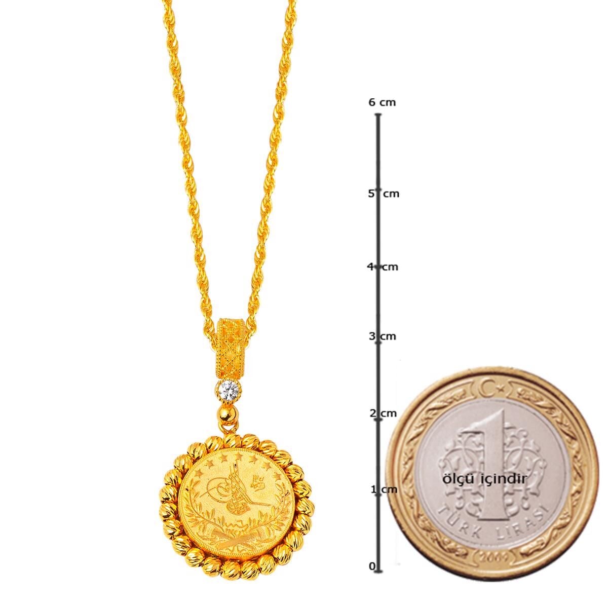 14K Yellow Gold Ottoman Tughra Bead Cubic Zirconia Necklace