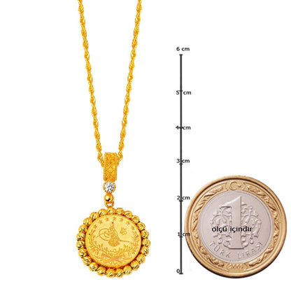 14K Yellow Gold Ottoman Tughra Bead Cubic Zirconia Necklace