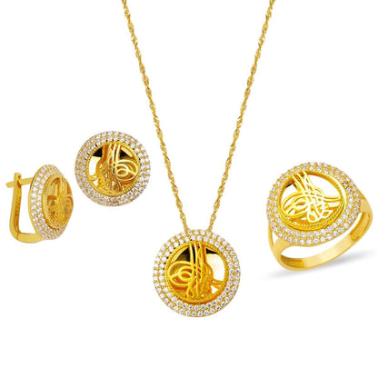 14K Yellow Gold Ottoman Tughra 3-Piece Cubic Zirconia Set (11.76 g)