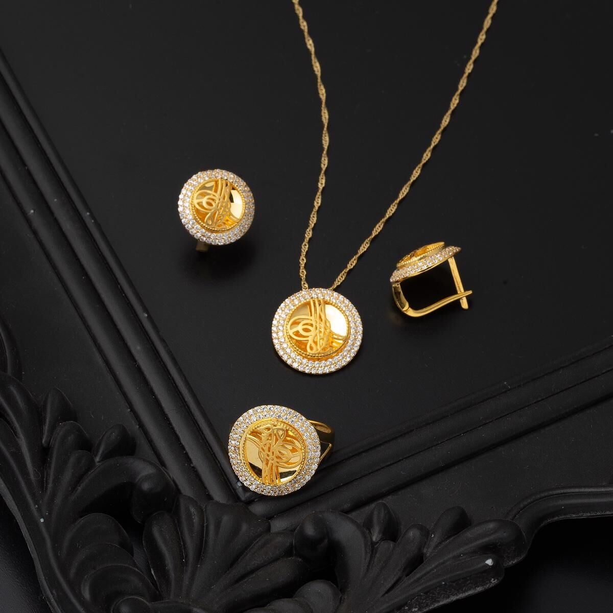 14K Yellow Gold Ottoman Tughra 3-Piece Cubic Zirconia Set (11.76 g)