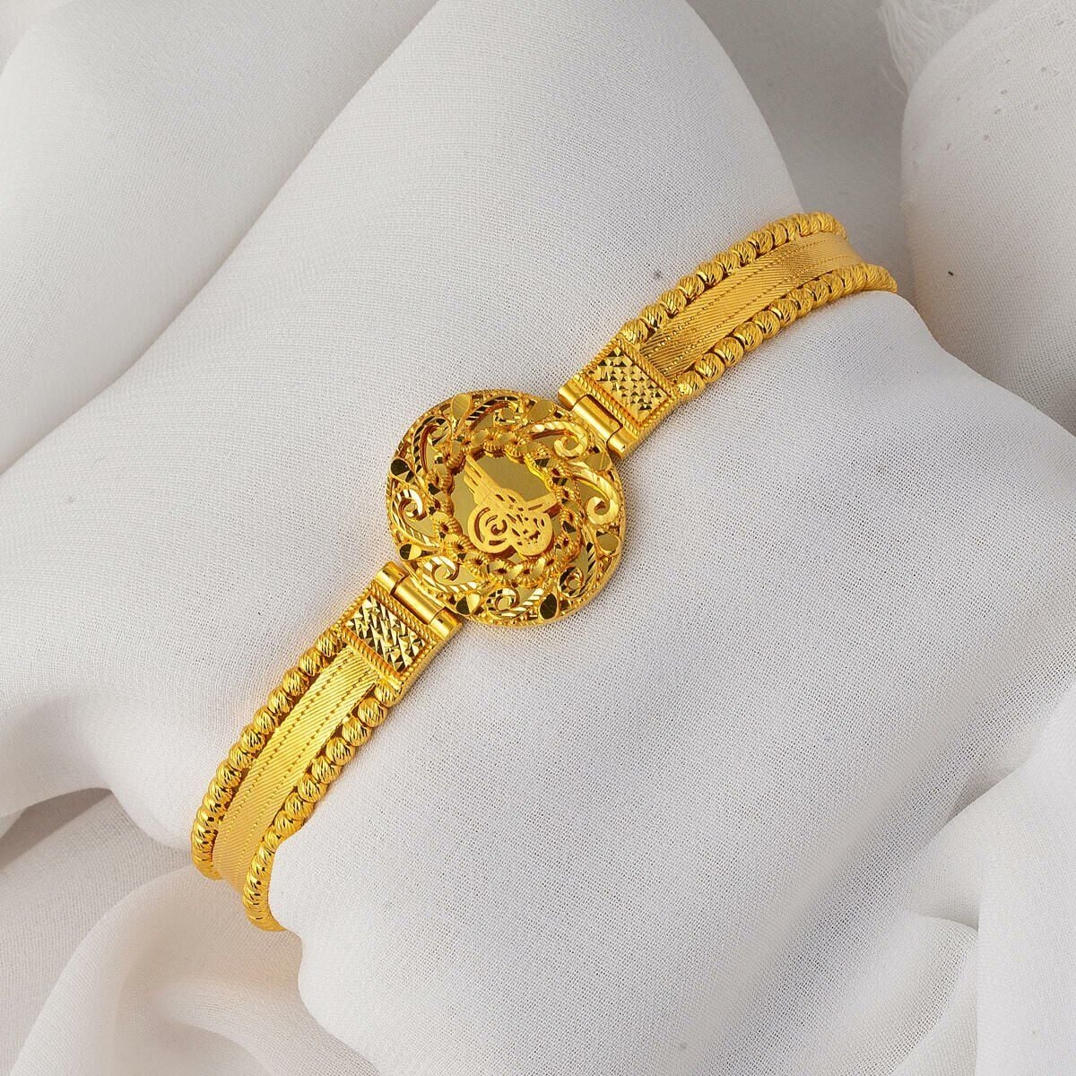 22K Yellow Gold Ottoman Tughra Mesh Hinged Cuff Bangle