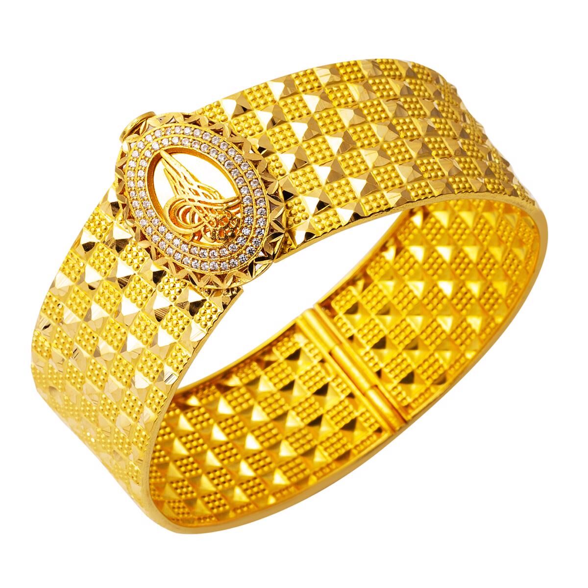 22K Yellow Gold Ottoman Tughra Cubic Zirconia Hinged Cuff Bangle