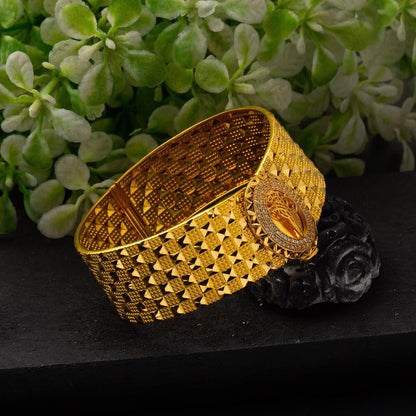 22K Yellow Gold Ottoman Tughra Cubic Zirconia Hinged Cuff Bangle