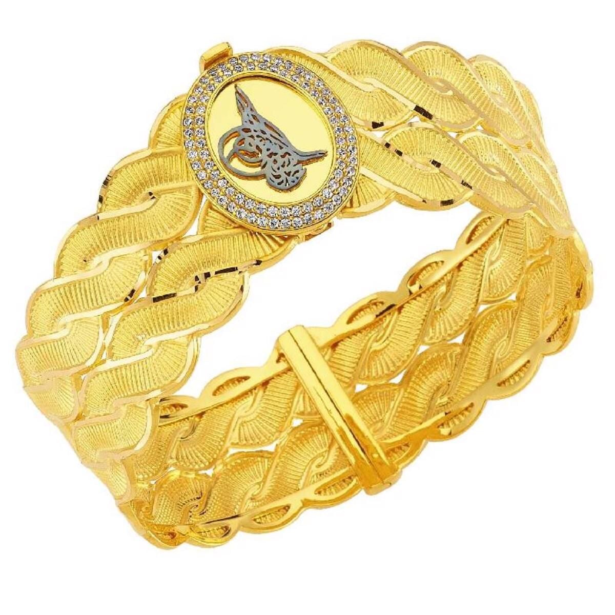 22K Yellow Gold Ottoman Tughra Rize Hinged Cuff Cubic Zirconia Bangle