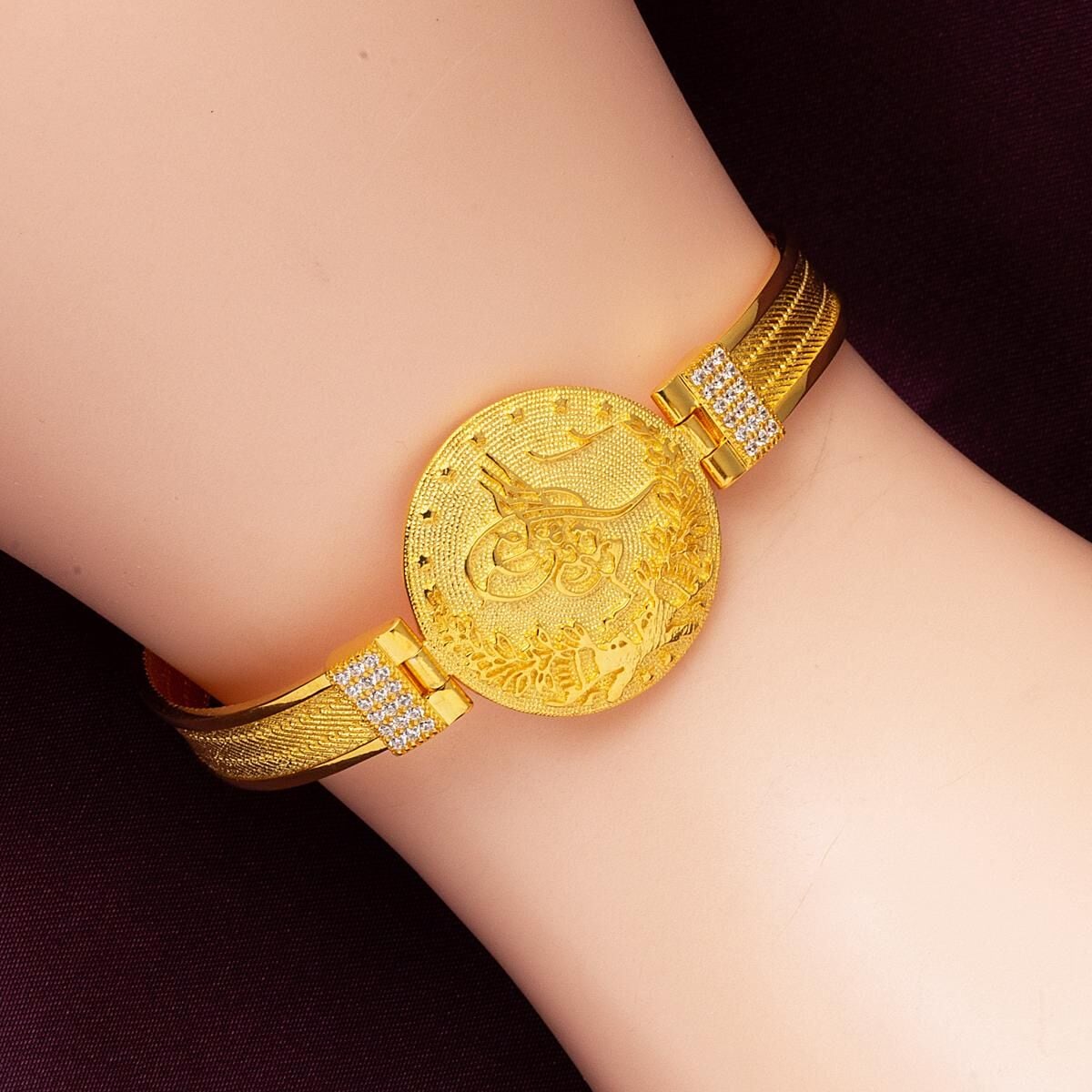 22K Yellow Gold Ottoman Tughra Trabzon Mesh Cubic Zirconia Bracelet