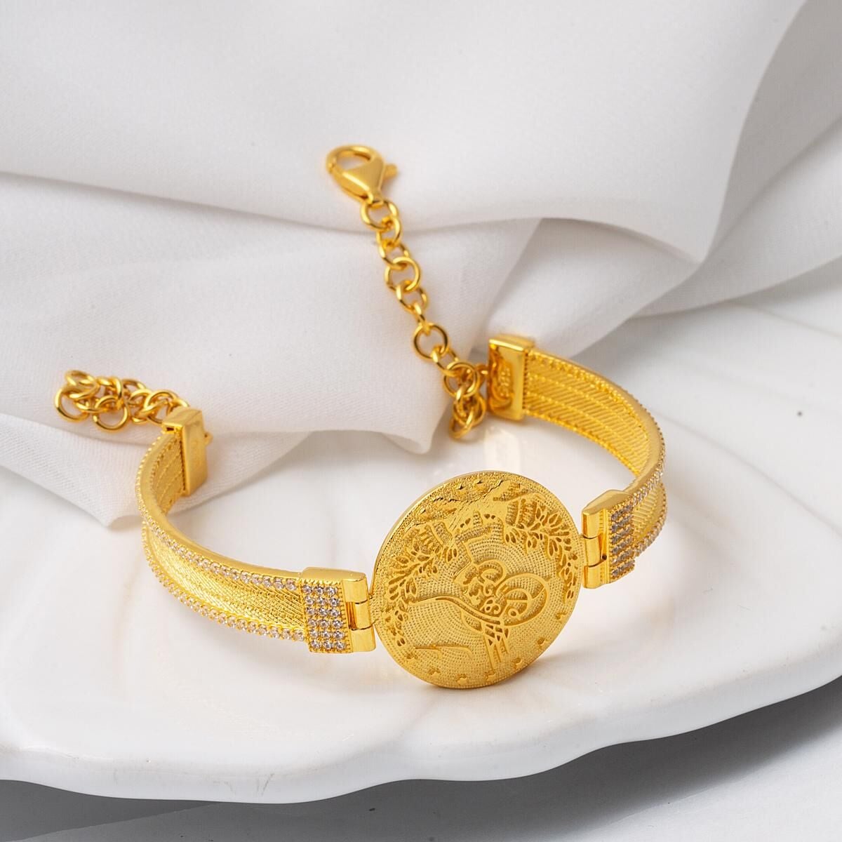 22K Yellow Gold Ottoman Tughra Trabzon Mesh Cubic Zirconia Bracelet