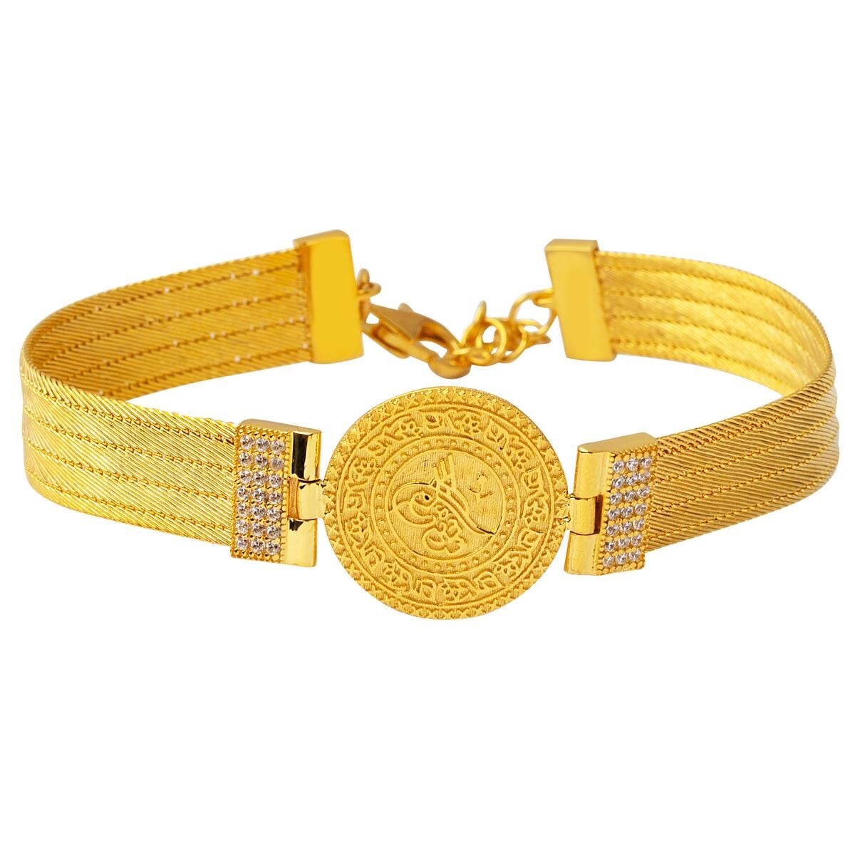 14K Yellow Gold Ottoman Tughra 5 Row Trabzon Mesh Cubic Zirconia Bracelet