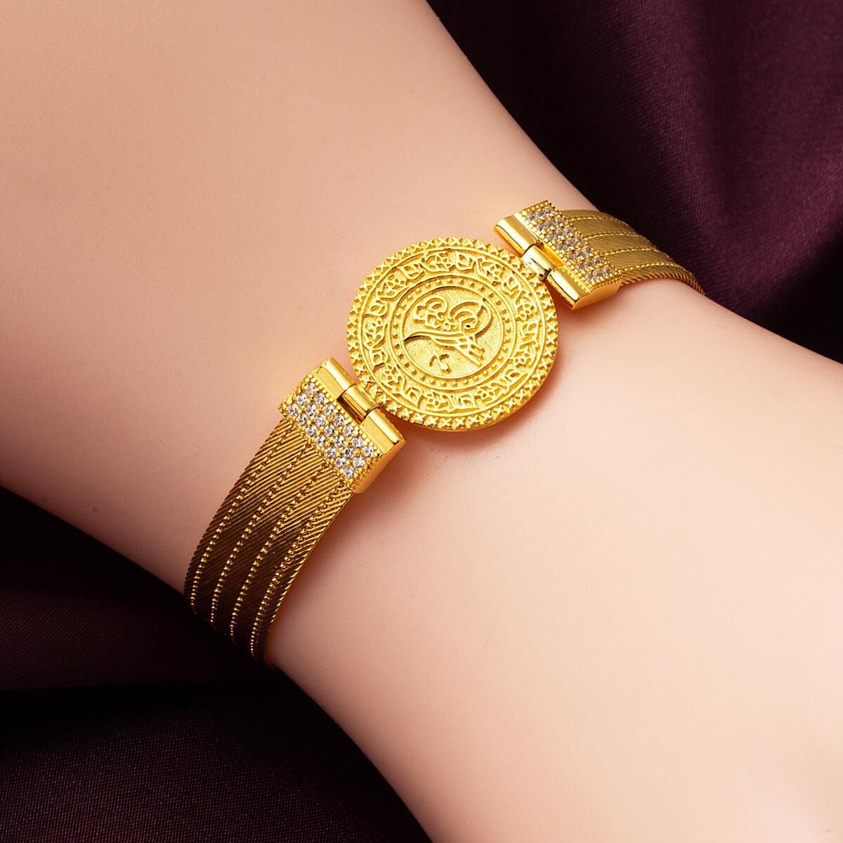 14K Yellow Gold Ottoman Tughra 5 Row Trabzon Mesh Cubic Zirconia Bracelet